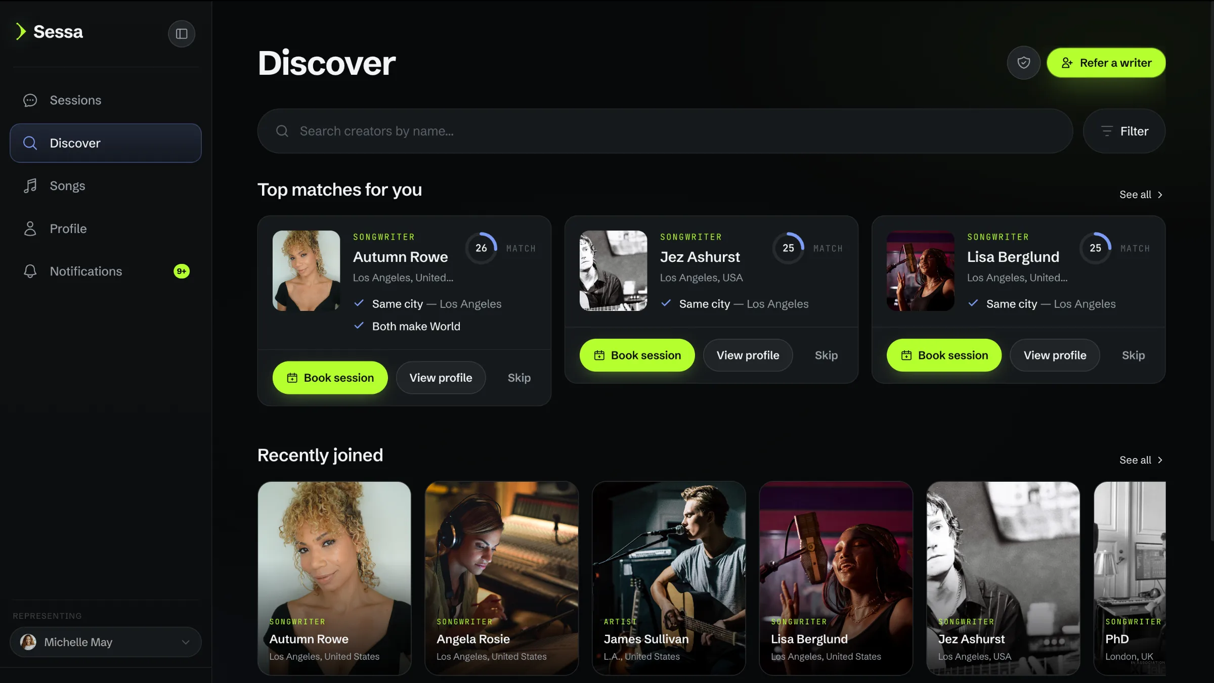 Sessa’s Discover view: collaborator matches with the reason each one surfaced